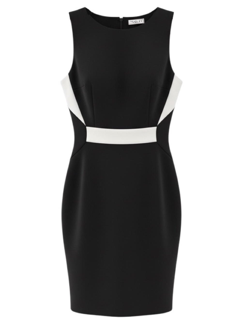 MUGLER BLACK / WHITE FITTED SLEEVELESS STRETCH KNIT MIDI COCKTAIL DRESS